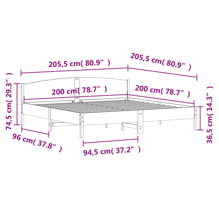 Bedframe met hoofdbord massief grenenhout wit 200x200 cm