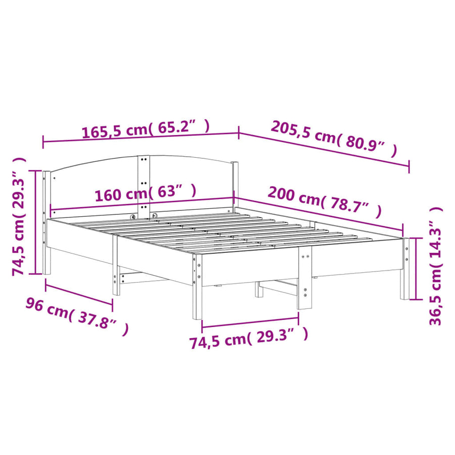 Bedframe met hoofdbord massief grenenhout wit 160x200 cm