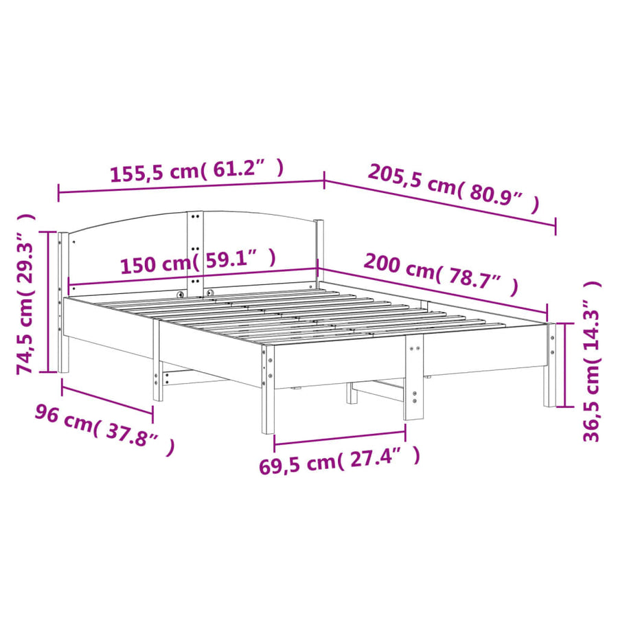 Bedframe met hoofdbord massief grenenhout 150x200 cm