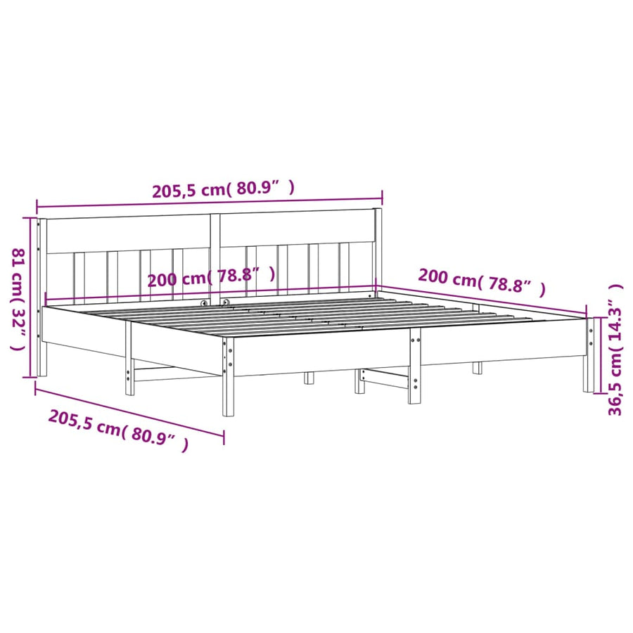 Bedframe met hoofdbord massief grenenhout wit 200x200 cm 200 x 200 cm Wit
