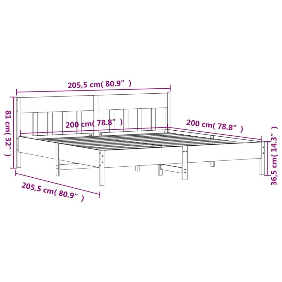 Bedframe Met Hoofdbord Massief Grenenhout Was Bruin 200 x 200 cm