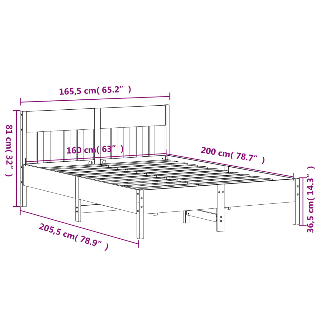 Bedframe met hoofdbord massief grenenhout wit 160x200 cm