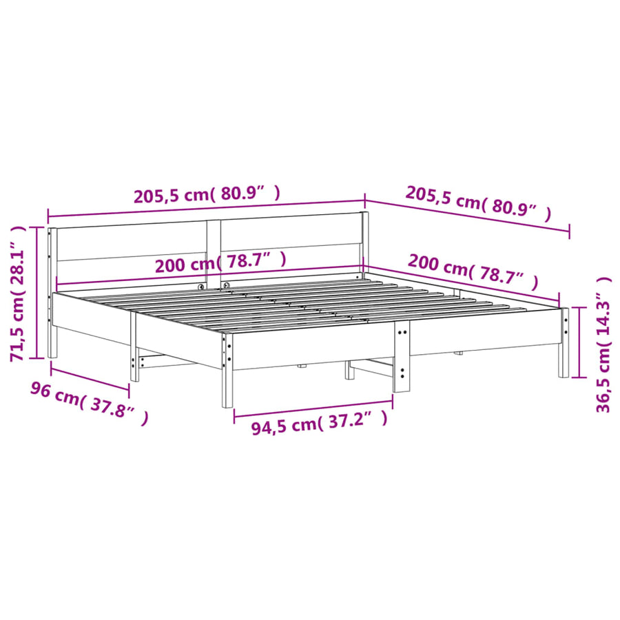 Bedframe met hoofdbord massief grenenhout wit 200x200 cm
