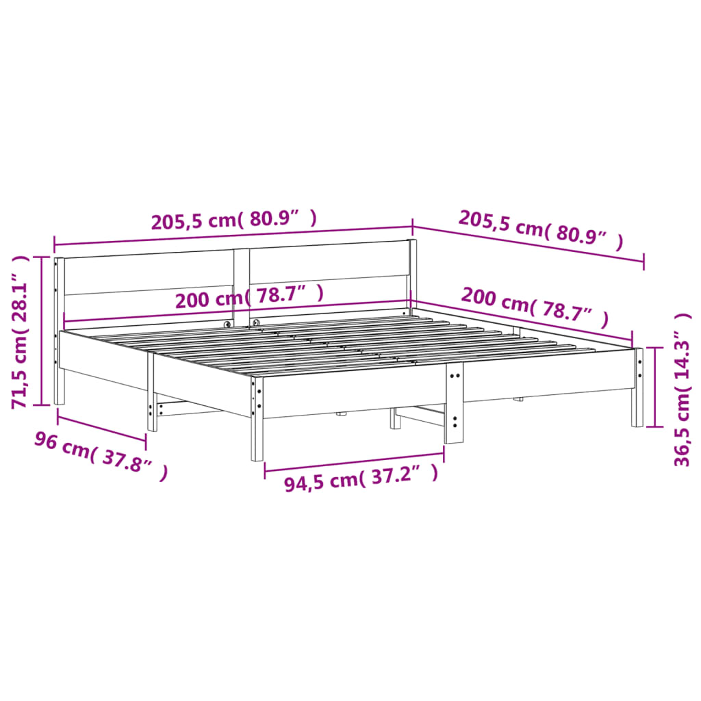 Bedframe met hoofdbord massief grenenhout wasbruin 200x200 cm