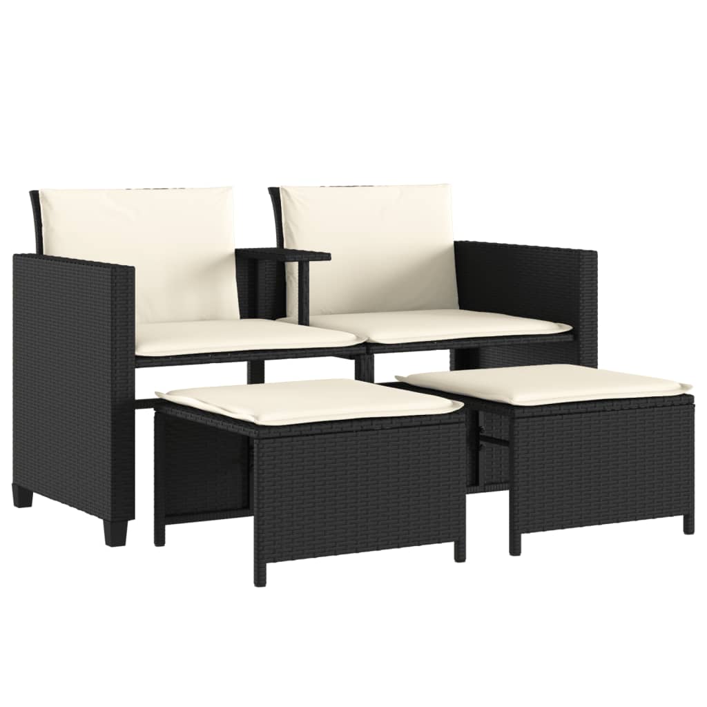 Tuinbank 2-Zits Met Tafel En Voetenbanken Poly Rattan Zwart