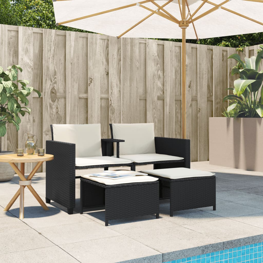 Tuinbank 2-Zits Met Tafel En Voetenbanken Poly Rattan Zwart