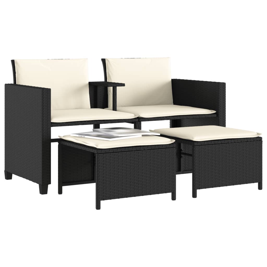 Tuinbank 2-Zits Met Tafel En Voetenbanken Poly Rattan Zwart