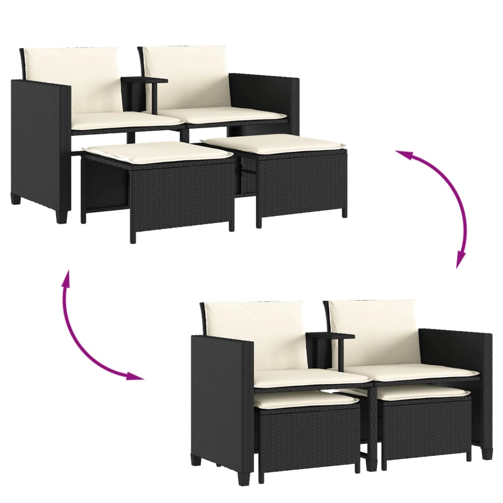 Tuinbank 2-Zits Met Tafel En Voetenbanken Poly Rattan Zwart