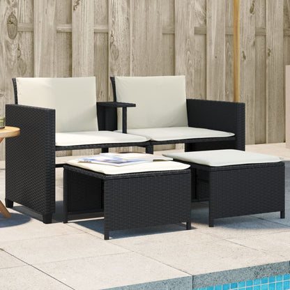 Tuinbank 2-Zits Met Tafel En Voetenbanken Poly Rattan Zwart