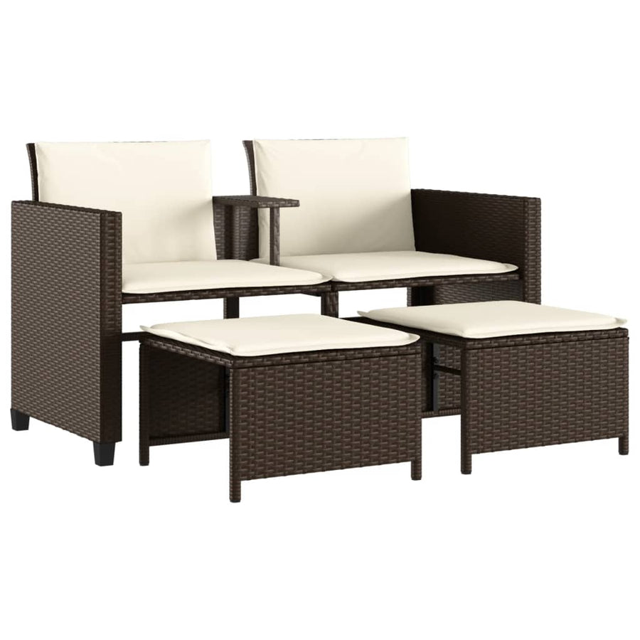 Tuinbank 2-Zits Met Tafel En Voetenbanken Poly Rattan Bruin