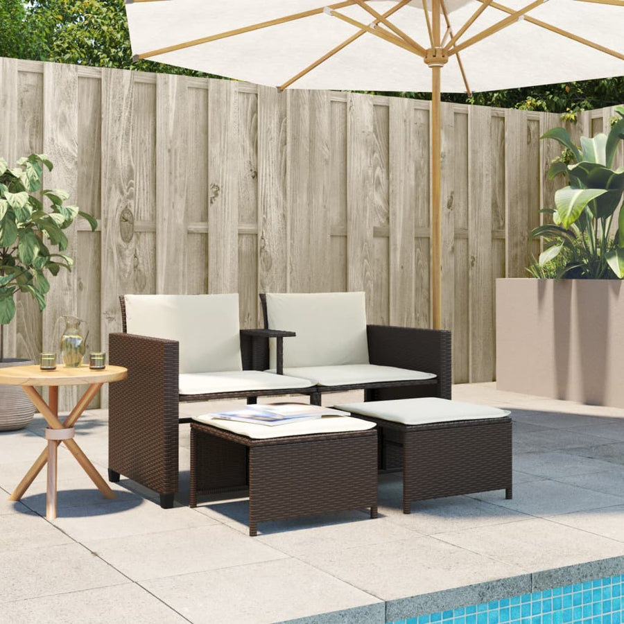 Tuinbank 2-Zits Met Tafel En Voetenbanken Poly Rattan Bruin