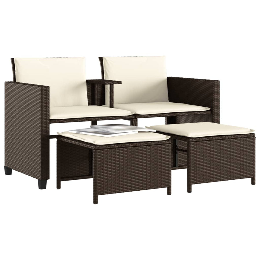 Tuinbank 2-Zits Met Tafel En Voetenbanken Poly Rattan Bruin