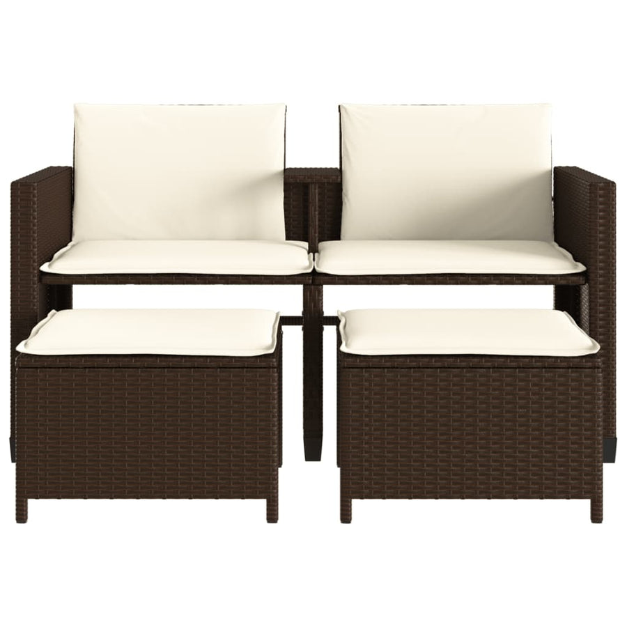 Tuinbank 2-Zits Met Tafel En Voetenbanken Poly Rattan Bruin