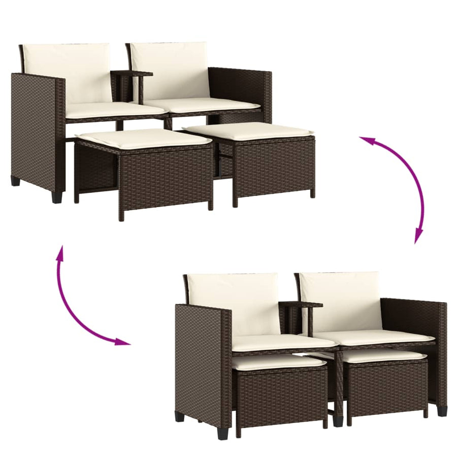 Tuinbank 2-Zits Met Tafel En Voetenbanken Poly Rattan Bruin