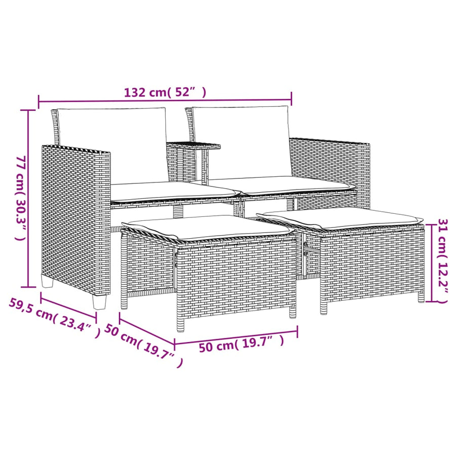Tuinbank 2-Zits Met Tafel En Voetenbanken Poly Rattan Bruin