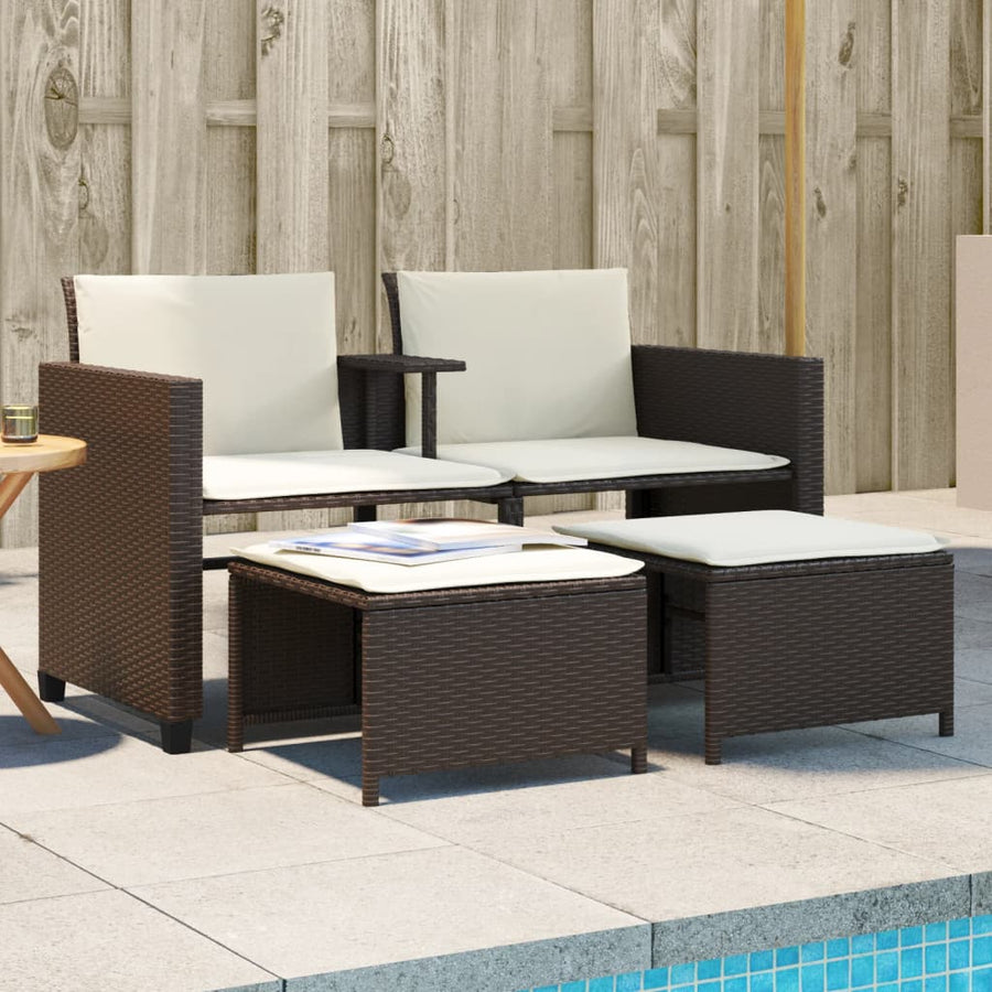 Tuinbank 2-Zits Met Tafel En Voetenbanken Poly Rattan Bruin
