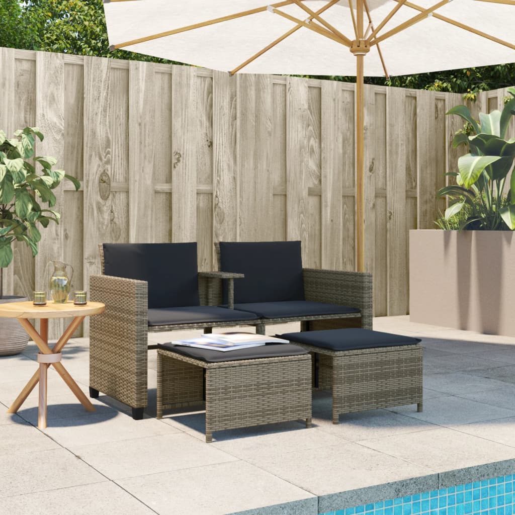 Tuinbank 2-Zits Met Tafel En Voetenbanken Poly Rattan Grijs