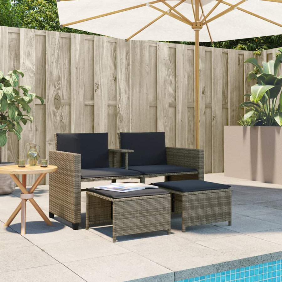 Tuinbank 2-Zits Met Tafel En Voetenbanken Poly Rattan Grijs