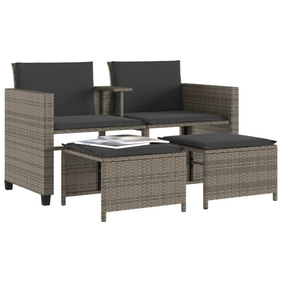 Tuinbank 2-Zits Met Tafel En Voetenbanken Poly Rattan Grijs