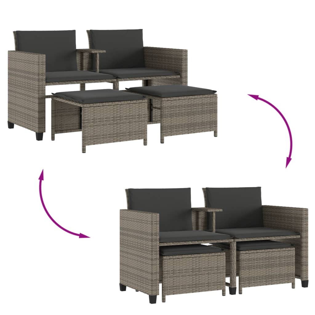 Tuinbank 2-Zits Met Tafel En Voetenbanken Poly Rattan Grijs