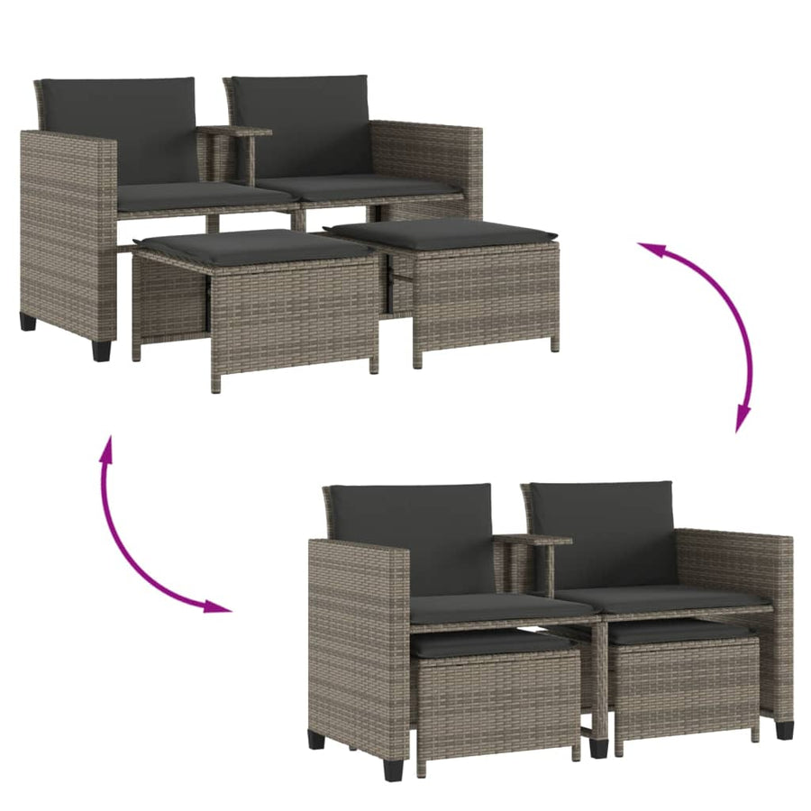 Tuinbank 2-Zits Met Tafel En Voetenbanken Poly Rattan Grijs