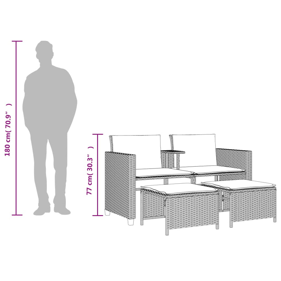 Tuinbank 2-Zits Met Tafel En Voetenbanken Poly Rattan Grijs
