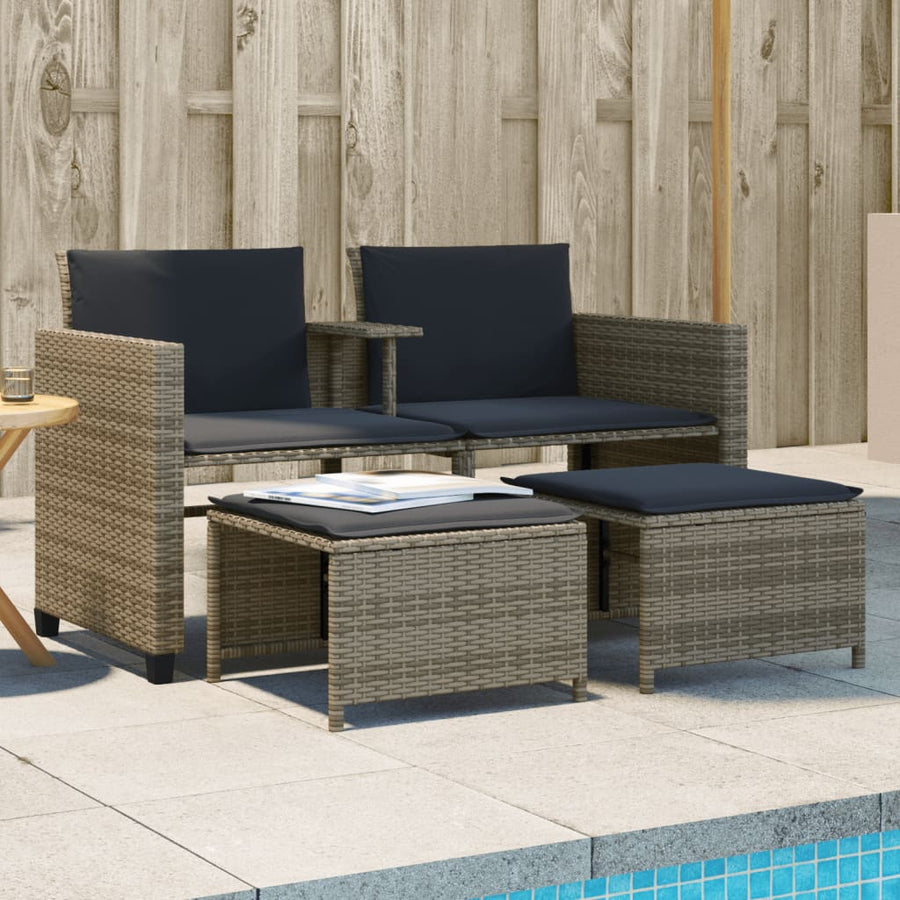 Tuinbank 2-Zits Met Tafel En Voetenbanken Poly Rattan Grijs
