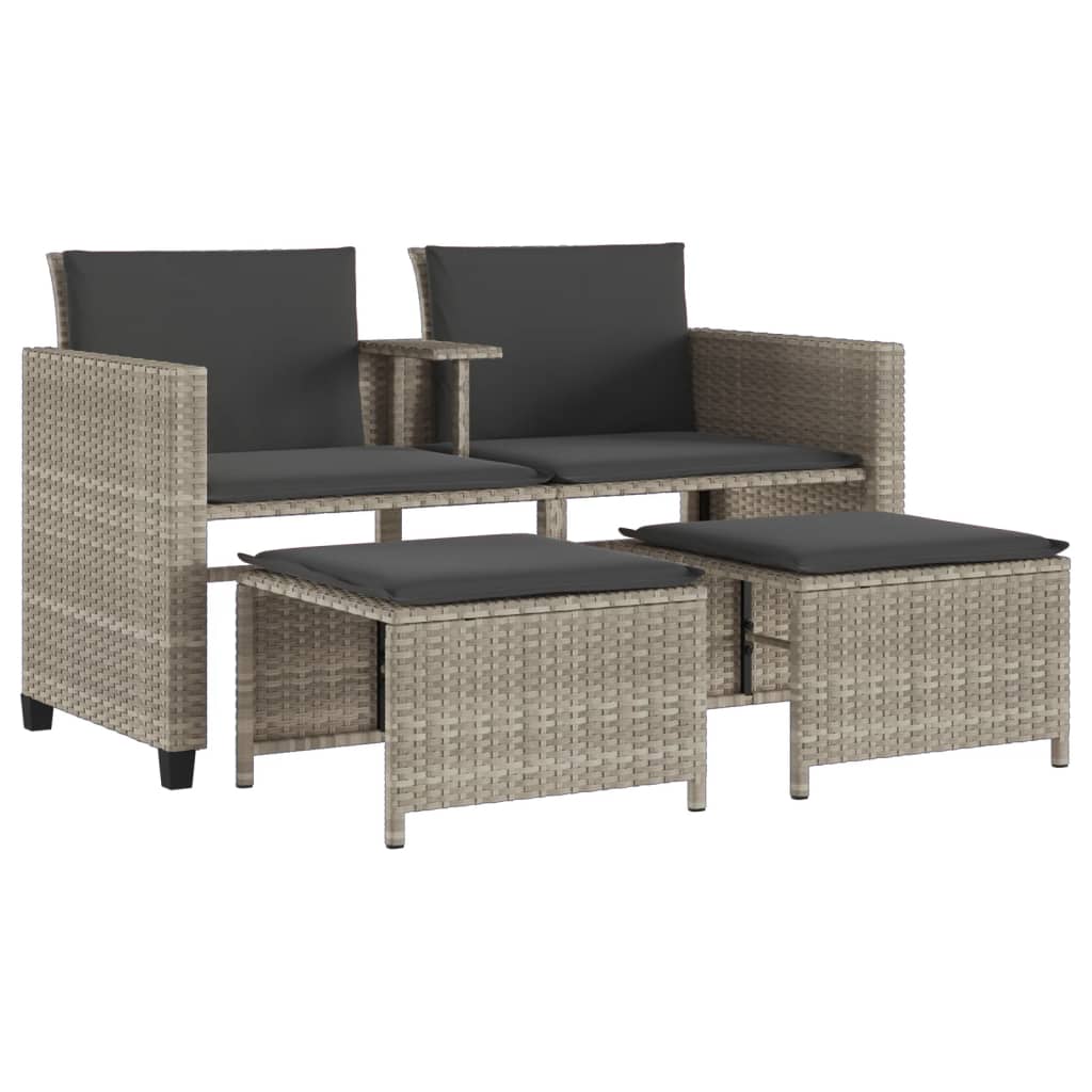 Tuinbank 2-Zits Tafel En Voetenbanken Poly Rattan Lichtgrijs