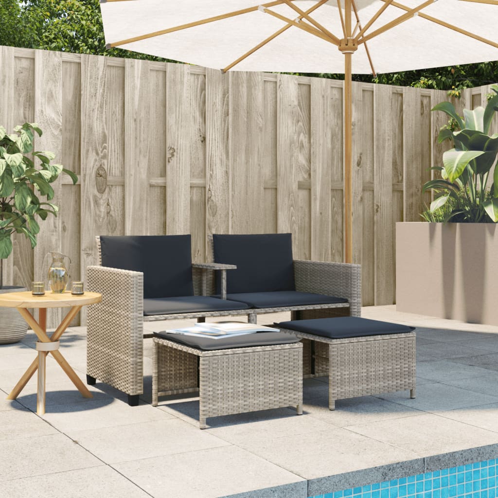 Tuinbank 2-Zits Tafel En Voetenbanken Poly Rattan Lichtgrijs
