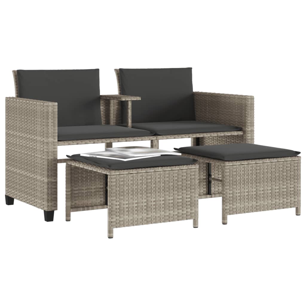 Tuinbank 2-Zits Tafel En Voetenbanken Poly Rattan Lichtgrijs