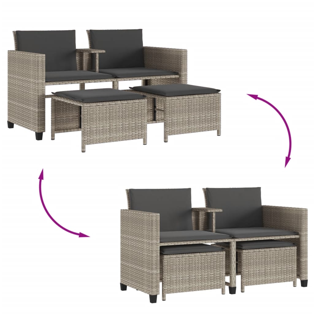 Tuinbank 2-Zits Tafel En Voetenbanken Poly Rattan Lichtgrijs