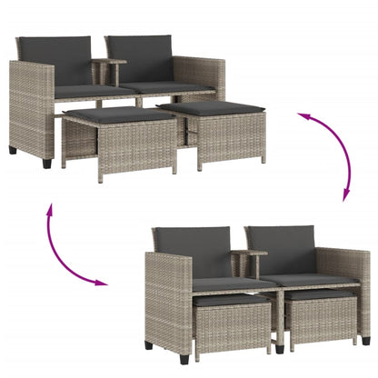 Tuinbank 2-Zits Tafel En Voetenbanken Poly Rattan Lichtgrijs