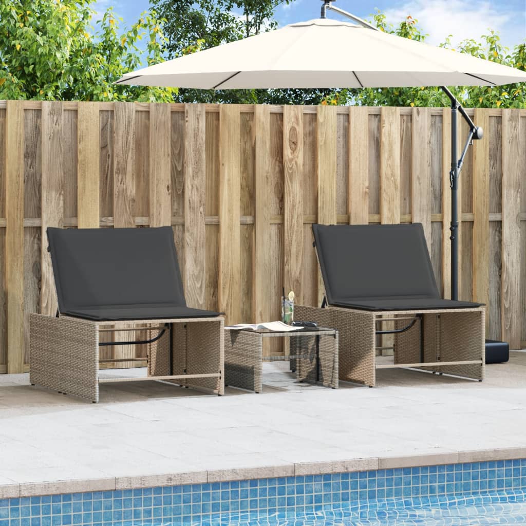 Ligbedden 2 St Met Tafel Poly Rattan Grijs