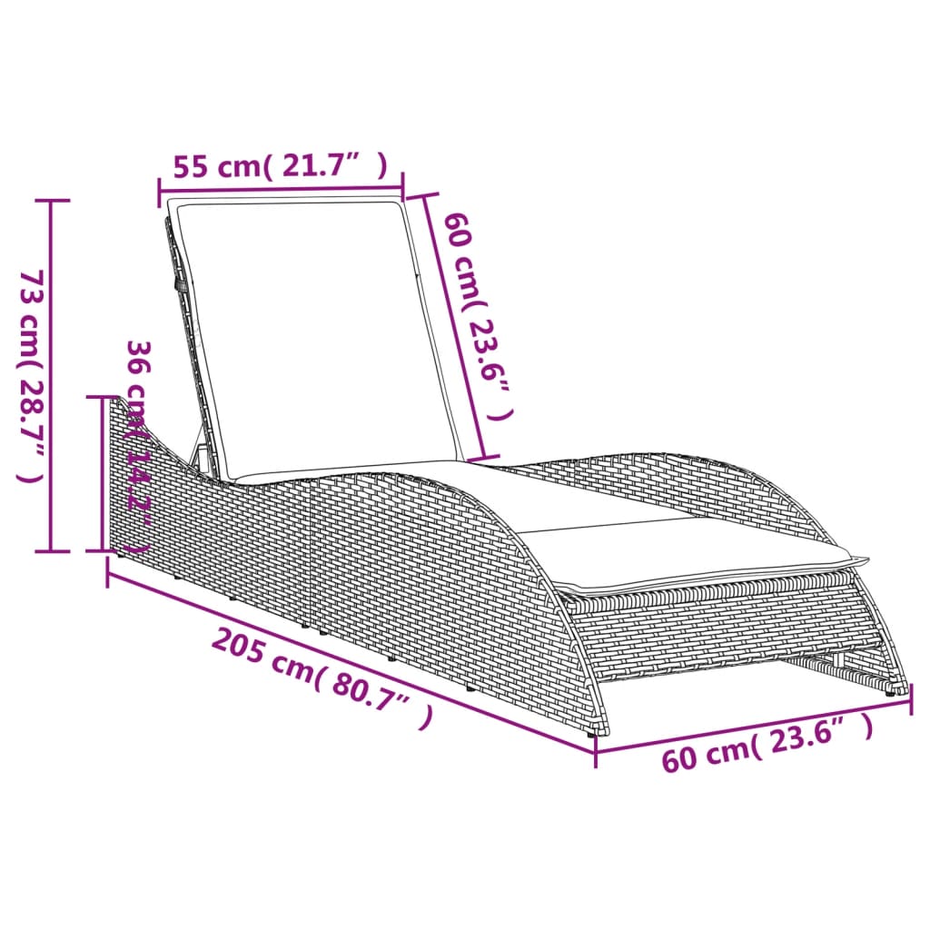 Ligbed met kussen 60x205x73 cm poly rattan zwart