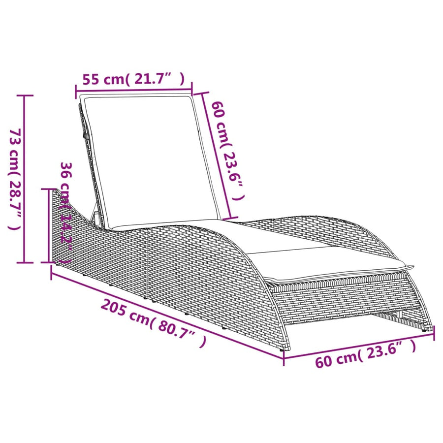 Ligbed met kussen 60x205x73 cm poly rattan zwart