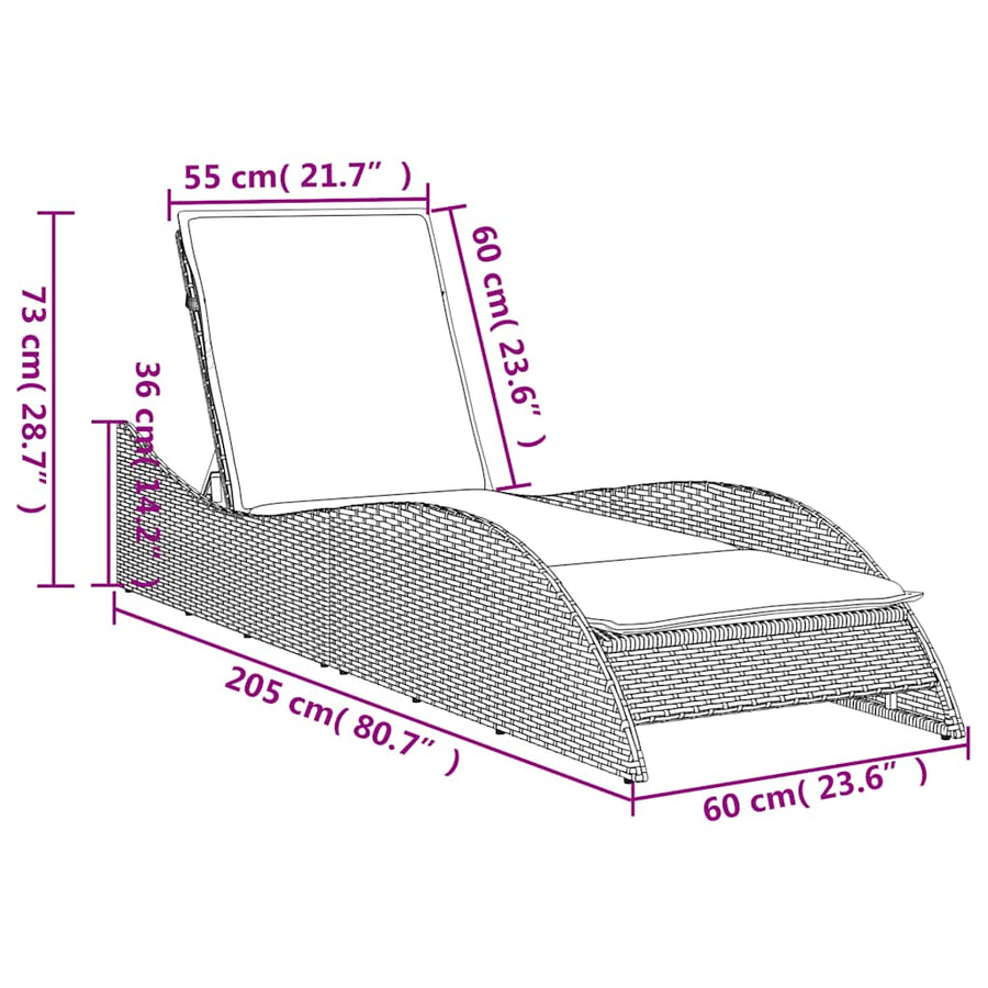 Ligbed met kussen bruin 60x205x73 cm poly rattan