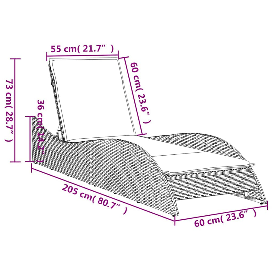 Ligbed met kussen zwart 60x205x73 cm poly rattan