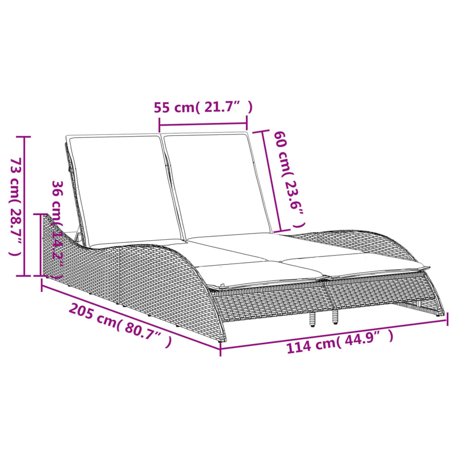 Ligbed met kussens 114x205x73 cm poly rattan lichtgrijs