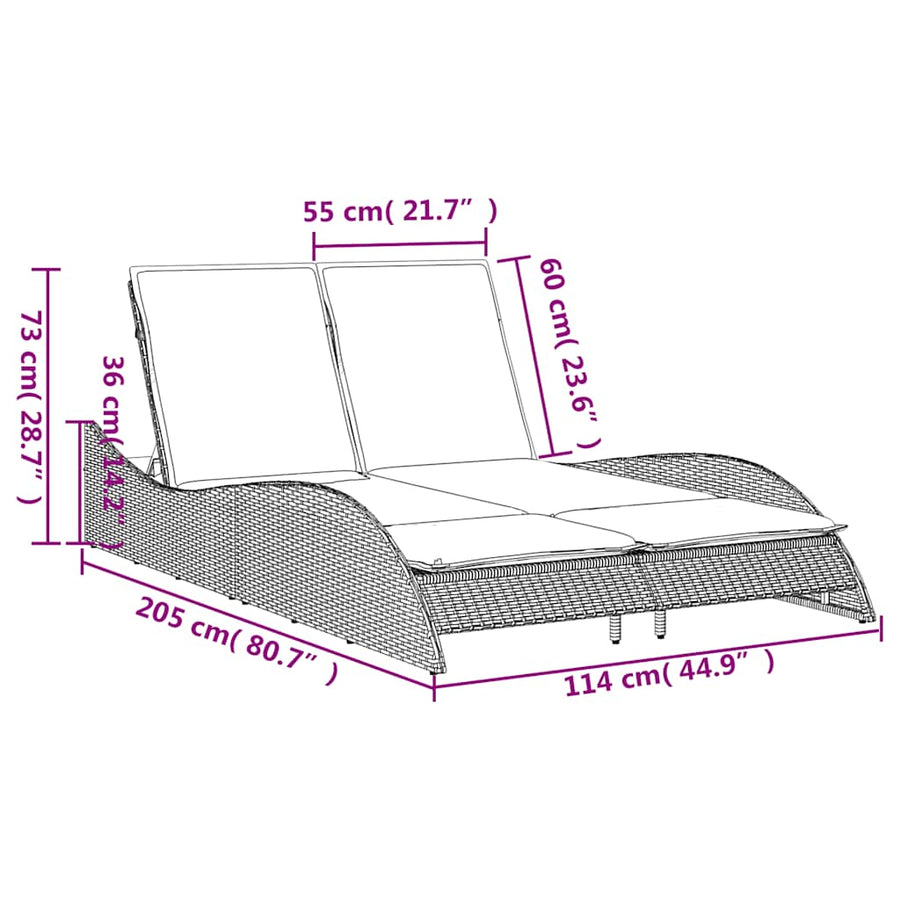 Ligbed met kussens grijs 114x205x73 cm poly rattan