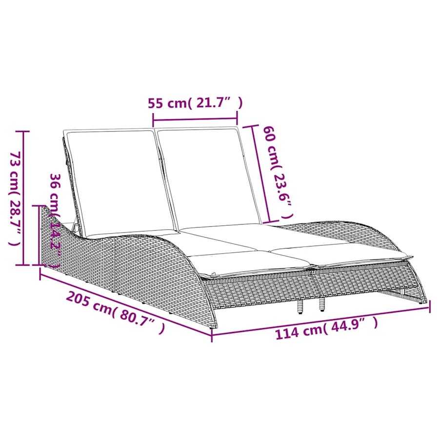 Ligbed met kussens bruin 114x205x73 cm poly rattan