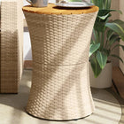 Garden side table drum shape poly rattan and solid wood beige