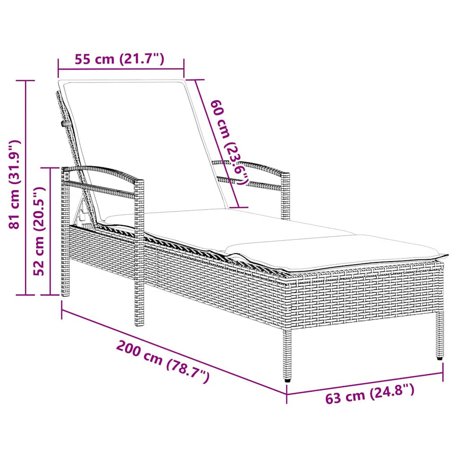 Ligbed met kussen grijs 63x200x81 cm poly rattan (alleen VS)
