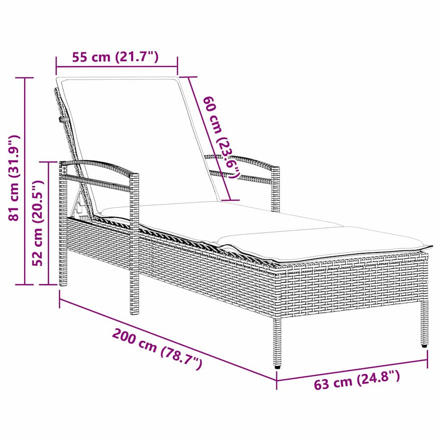 | Ligstoel | met kussen Zwart 63 x 200 x 81 cm poly rattan