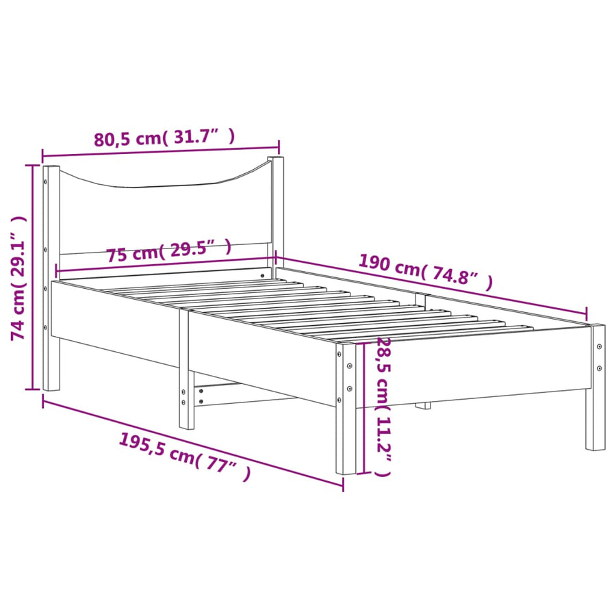Bedframe massief grenenhout 75x190 cm 75 x 190 cm Naturel