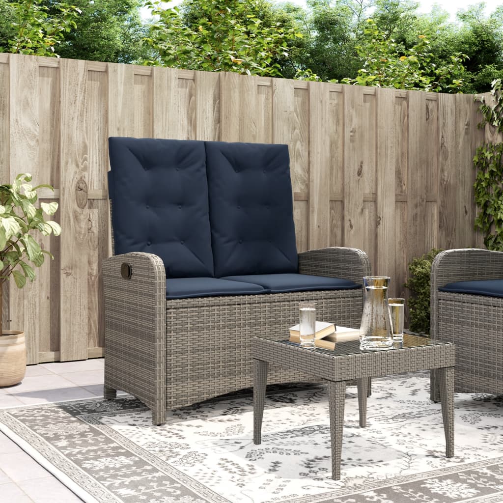Tuinbankje verstelbaar met kussens poly rattan grijs
