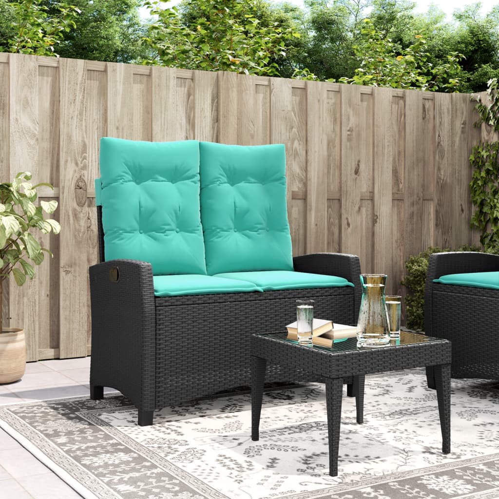 Tuinbankje verstelbaar met kussens poly rattan zwart