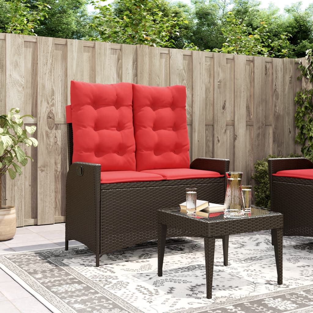 Tuinbankje verstelbaar met kussens poly rattan bruin
