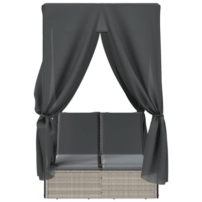 Ligbed tweepersoons met dak en gordijn poly rattan lichtgrijs