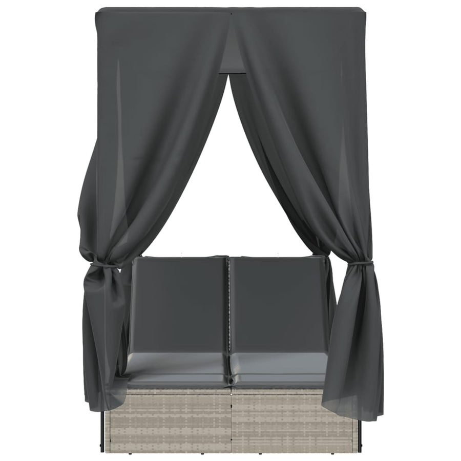 Ligbed tweepersoons met dak en gordijn poly rattan lichtgrijs