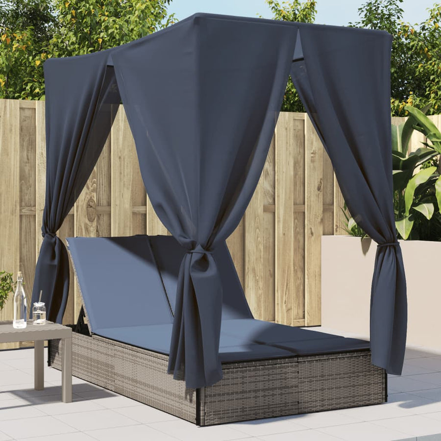 Ligbed tweepersoons met dak en gordijn poly rattan grijs